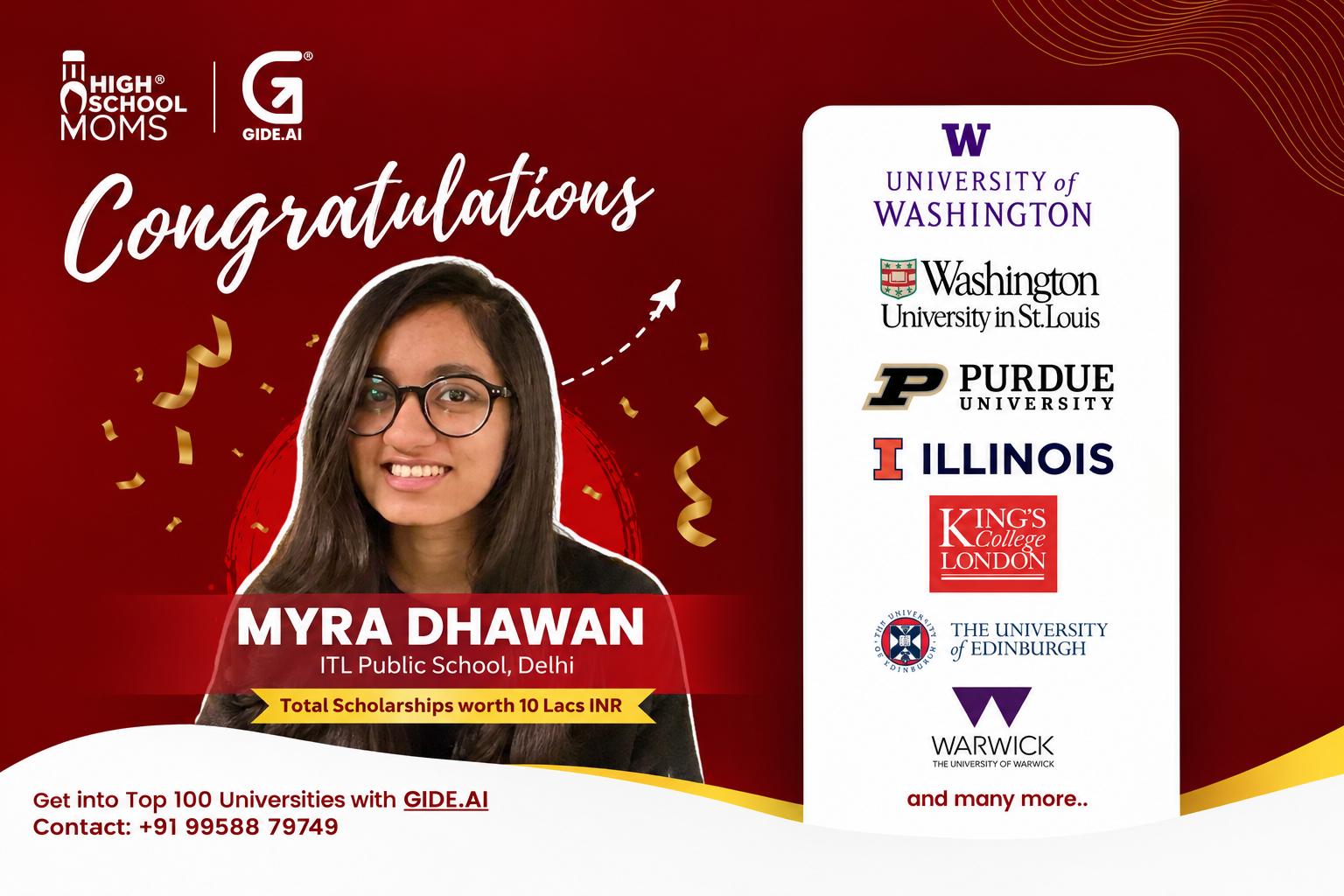Myra Dhawan, ITL Public School Delhi, admitted to University of Washington, WashU St Louis, Purdue, Illinois, King's College London, University of Edinburgh, Warwick, and more